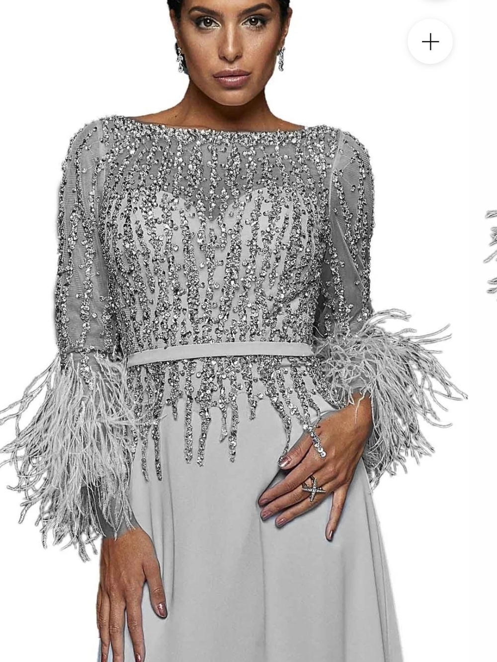 Terani Couture Silver-Beaded Feather Trim Maxi Dress